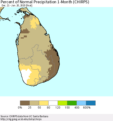 Sri Lanka Percent of Normal Precipitation 1-Month (CHIRPS) Thematic Map For 12/21/2019 - 1/20/2020