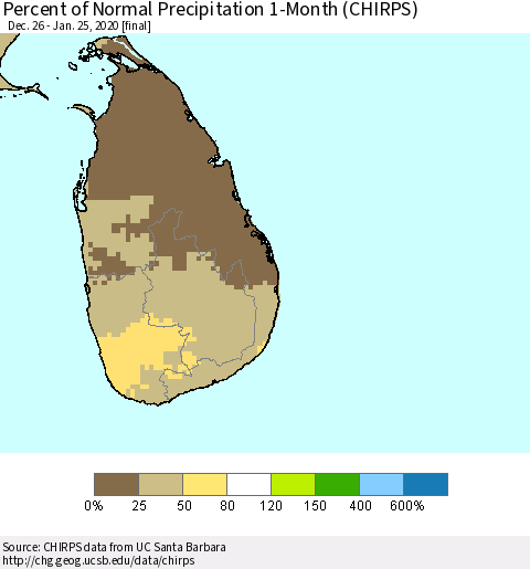 Sri Lanka Percent of Normal Precipitation 1-Month (CHIRPS) Thematic Map For 12/26/2019 - 1/25/2020