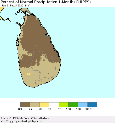 Sri Lanka Percent of Normal Precipitation 1-Month (CHIRPS) Thematic Map For 1/6/2020 - 2/5/2020