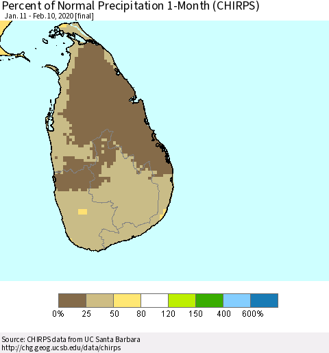Sri Lanka Percent of Normal Precipitation 1-Month (CHIRPS) Thematic Map For 1/11/2020 - 2/10/2020