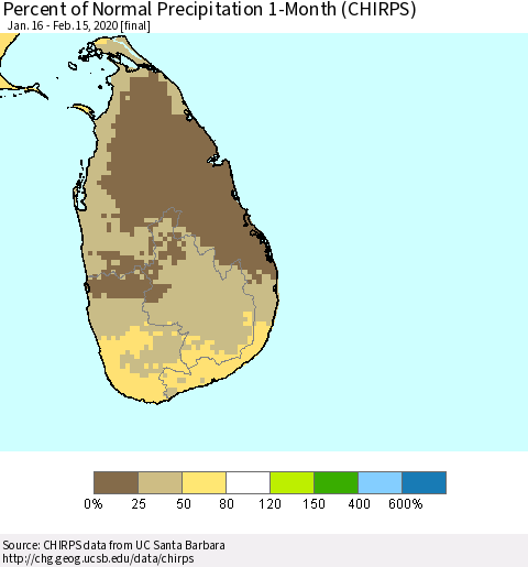 Sri Lanka Percent of Normal Precipitation 1-Month (CHIRPS) Thematic Map For 1/16/2020 - 2/15/2020