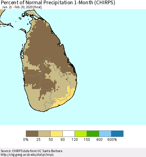 Sri Lanka Percent of Normal Precipitation 1-Month (CHIRPS) Thematic Map For 1/21/2020 - 2/20/2020