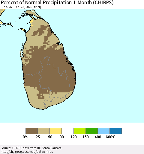 Sri Lanka Percent of Normal Precipitation 1-Month (CHIRPS) Thematic Map For 1/26/2020 - 2/25/2020