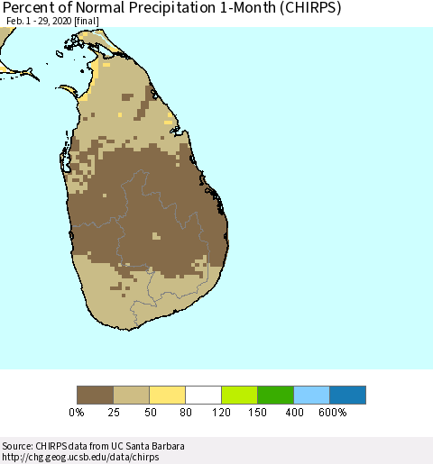 Sri Lanka Percent of Normal Precipitation 1-Month (CHIRPS) Thematic Map For 2/1/2020 - 2/29/2020