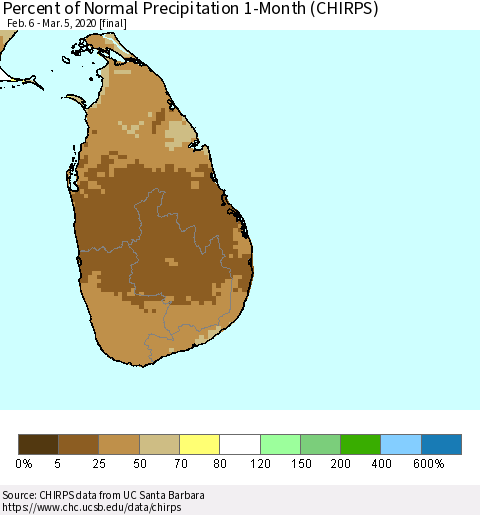 Sri Lanka Percent of Normal Precipitation 1-Month (CHIRPS) Thematic Map For 2/6/2020 - 3/5/2020
