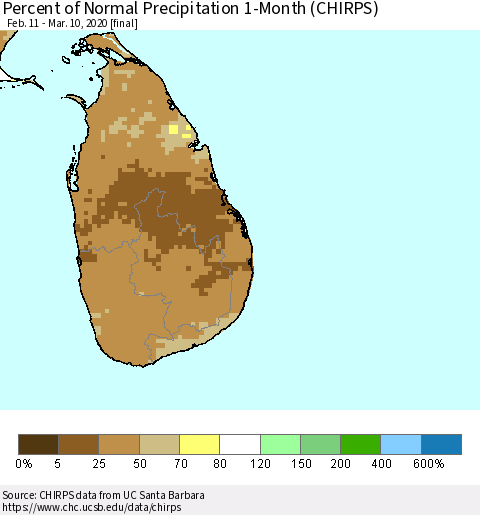 Sri Lanka Percent of Normal Precipitation 1-Month (CHIRPS) Thematic Map For 2/11/2020 - 3/10/2020