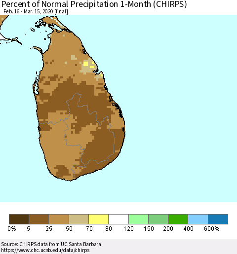 Sri Lanka Percent of Normal Precipitation 1-Month (CHIRPS) Thematic Map For 2/16/2020 - 3/15/2020