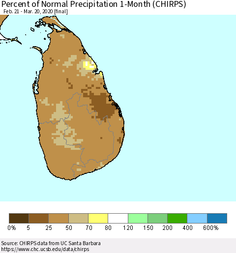 Sri Lanka Percent of Normal Precipitation 1-Month (CHIRPS) Thematic Map For 2/21/2020 - 3/20/2020