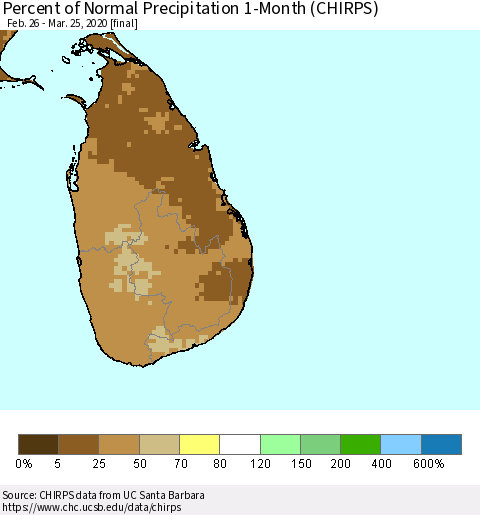 Sri Lanka Percent of Normal Precipitation 1-Month (CHIRPS) Thematic Map For 2/26/2020 - 3/25/2020