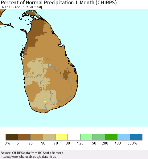 Sri Lanka Percent of Normal Precipitation 1-Month (CHIRPS) Thematic Map For 3/16/2020 - 4/15/2020