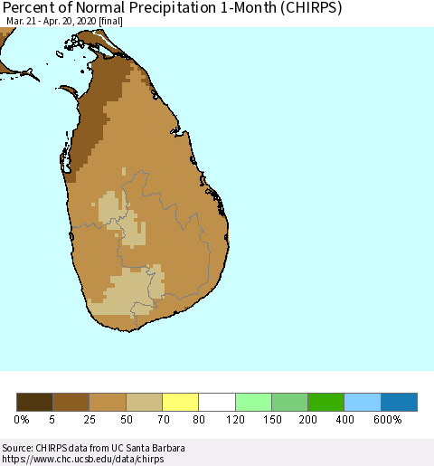Sri Lanka Percent of Normal Precipitation 1-Month (CHIRPS) Thematic Map For 3/21/2020 - 4/20/2020