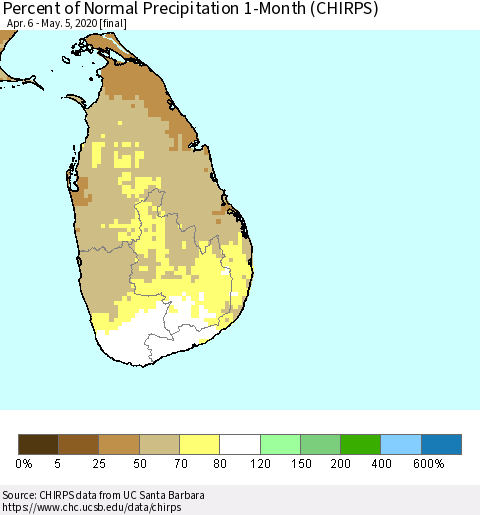 Sri Lanka Percent of Normal Precipitation 1-Month (CHIRPS) Thematic Map For 4/6/2020 - 5/5/2020