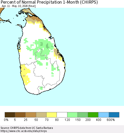 Sri Lanka Percent of Normal Precipitation 1-Month (CHIRPS) Thematic Map For 4/11/2020 - 5/10/2020