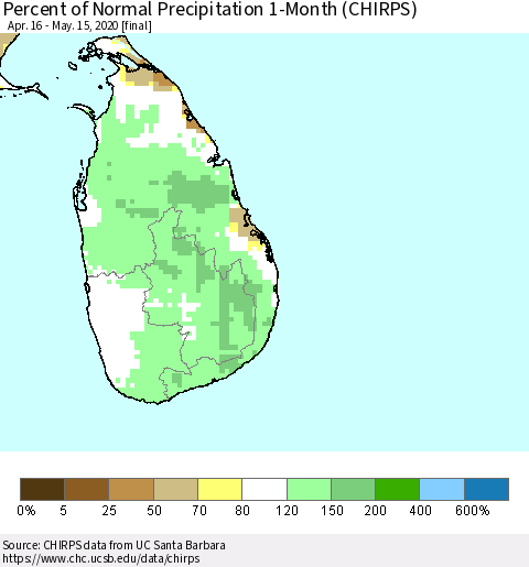 Sri Lanka Percent of Normal Precipitation 1-Month (CHIRPS) Thematic Map For 4/16/2020 - 5/15/2020