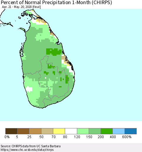 Sri Lanka Percent of Normal Precipitation 1-Month (CHIRPS) Thematic Map For 4/21/2020 - 5/20/2020