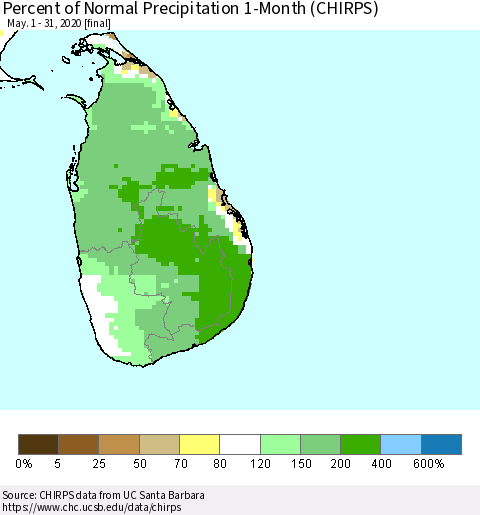 Sri Lanka Percent of Normal Precipitation 1-Month (CHIRPS) Thematic Map For 5/1/2020 - 5/31/2020