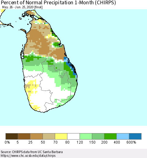Sri Lanka Percent of Normal Precipitation 1-Month (CHIRPS) Thematic Map For 5/26/2020 - 6/25/2020