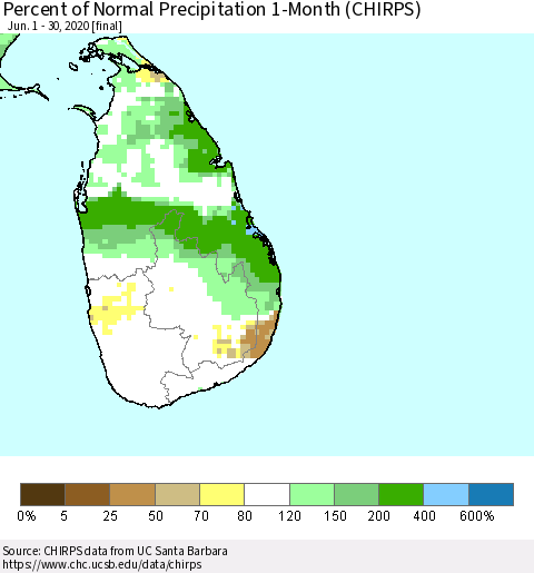 Sri Lanka Percent of Normal Precipitation 1-Month (CHIRPS) Thematic Map For 6/1/2020 - 6/30/2020