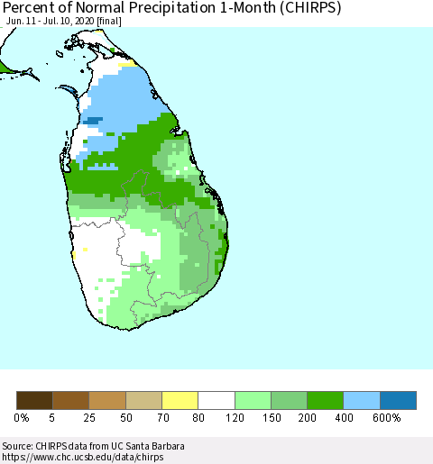 Sri Lanka Percent of Normal Precipitation 1-Month (CHIRPS) Thematic Map For 6/11/2020 - 7/10/2020