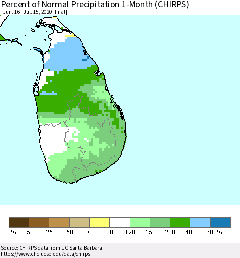 Sri Lanka Percent of Normal Precipitation 1-Month (CHIRPS) Thematic Map For 6/16/2020 - 7/15/2020