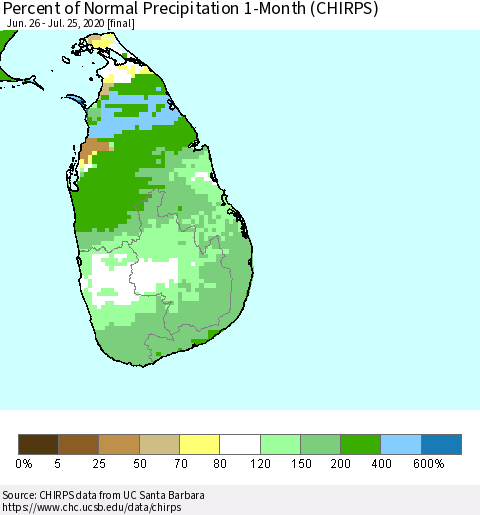 Sri Lanka Percent of Normal Precipitation 1-Month (CHIRPS) Thematic Map For 6/26/2020 - 7/25/2020