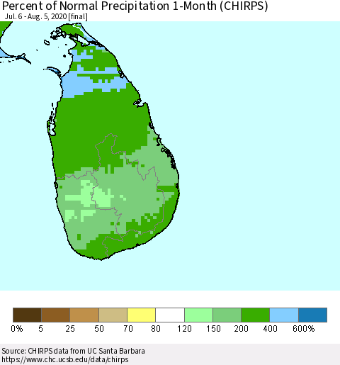 Sri Lanka Percent of Normal Precipitation 1-Month (CHIRPS) Thematic Map For 7/6/2020 - 8/5/2020