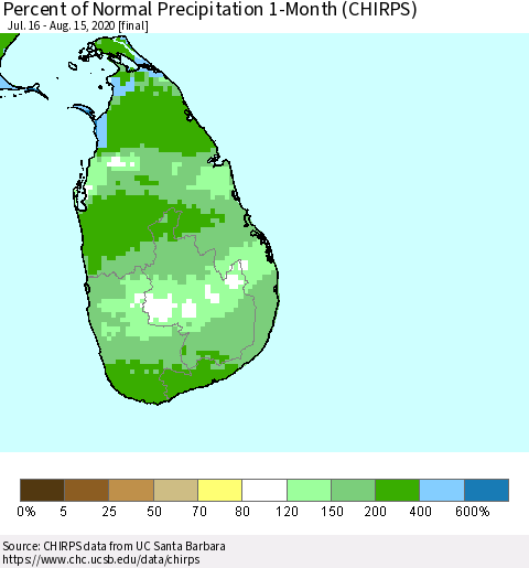 Sri Lanka Percent of Normal Precipitation 1-Month (CHIRPS) Thematic Map For 7/16/2020 - 8/15/2020
