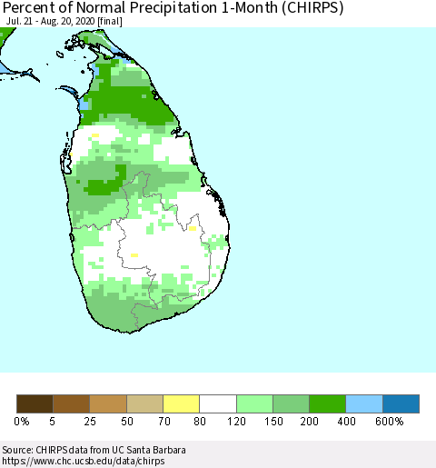 Sri Lanka Percent of Normal Precipitation 1-Month (CHIRPS) Thematic Map For 7/21/2020 - 8/20/2020
