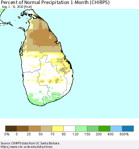 Sri Lanka Percent of Normal Precipitation 1-Month (CHIRPS) Thematic Map For 8/1/2020 - 8/31/2020