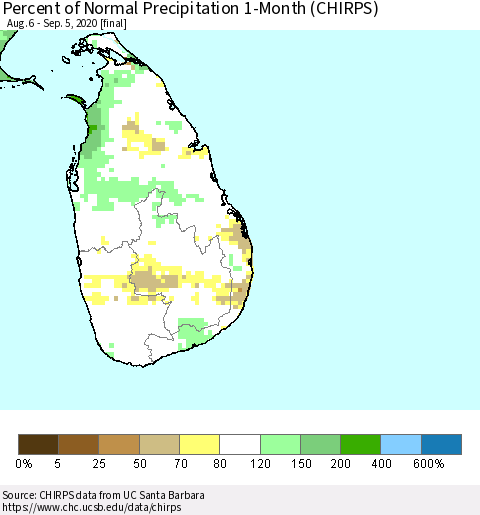 Sri Lanka Percent of Normal Precipitation 1-Month (CHIRPS) Thematic Map For 8/6/2020 - 9/5/2020