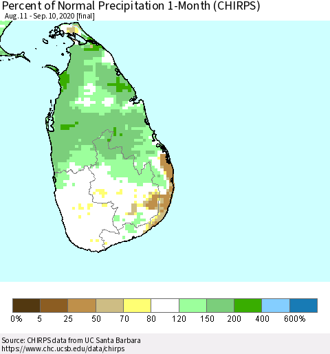 Sri Lanka Percent of Normal Precipitation 1-Month (CHIRPS) Thematic Map For 8/11/2020 - 9/10/2020