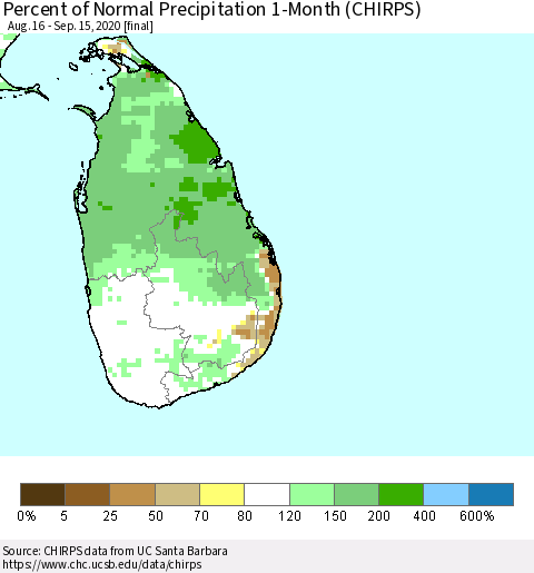 Sri Lanka Percent of Normal Precipitation 1-Month (CHIRPS) Thematic Map For 8/16/2020 - 9/15/2020