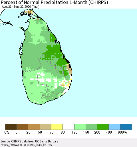 Sri Lanka Percent of Normal Precipitation 1-Month (CHIRPS) Thematic Map For 8/21/2020 - 9/20/2020