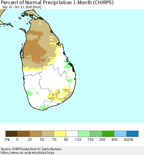 Sri Lanka Percent of Normal Precipitation 1-Month (CHIRPS) Thematic Map For 9/16/2020 - 10/15/2020