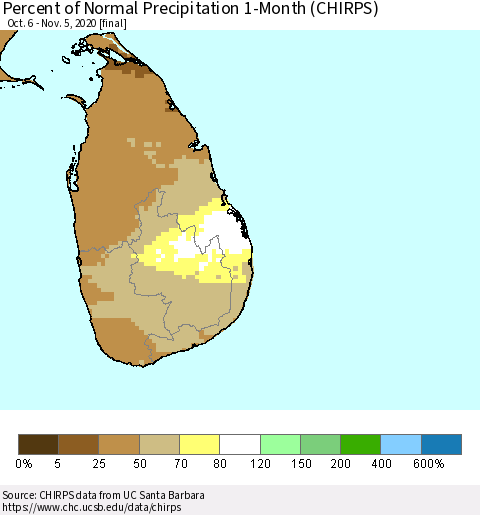 Sri Lanka Percent of Normal Precipitation 1-Month (CHIRPS) Thematic Map For 10/6/2020 - 11/5/2020