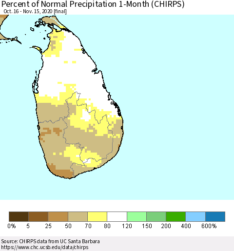Sri Lanka Percent of Normal Precipitation 1-Month (CHIRPS) Thematic Map For 10/16/2020 - 11/15/2020