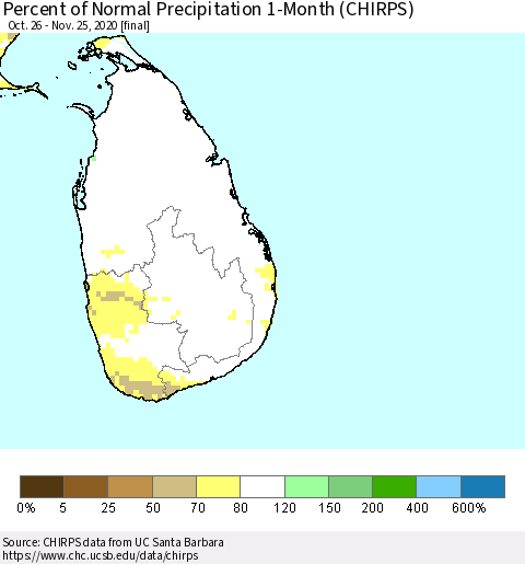 Sri Lanka Percent of Normal Precipitation 1-Month (CHIRPS) Thematic Map For 10/26/2020 - 11/25/2020