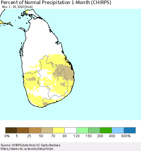 Sri Lanka Percent of Normal Precipitation 1-Month (CHIRPS) Thematic Map For 11/1/2020 - 11/30/2020