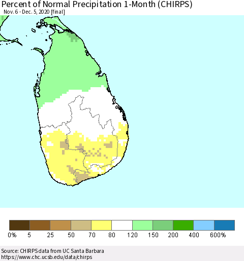 Sri Lanka Percent of Normal Precipitation 1-Month (CHIRPS) Thematic Map For 11/6/2020 - 12/5/2020
