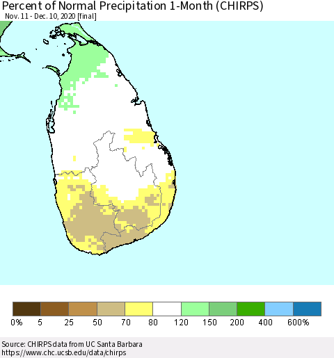 Sri Lanka Percent of Normal Precipitation 1-Month (CHIRPS) Thematic Map For 11/11/2020 - 12/10/2020