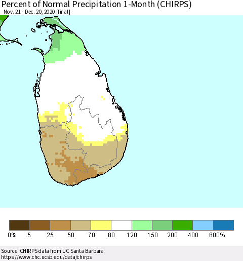 Sri Lanka Percent of Normal Precipitation 1-Month (CHIRPS) Thematic Map For 11/21/2020 - 12/20/2020
