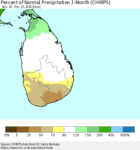 Sri Lanka Percent of Normal Precipitation 1-Month (CHIRPS) Thematic Map For 11/26/2020 - 12/25/2020
