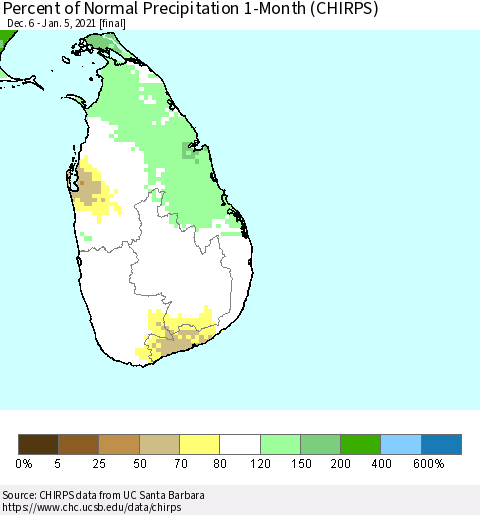 Sri Lanka Percent of Normal Precipitation 1-Month (CHIRPS) Thematic Map For 12/6/2020 - 1/5/2021
