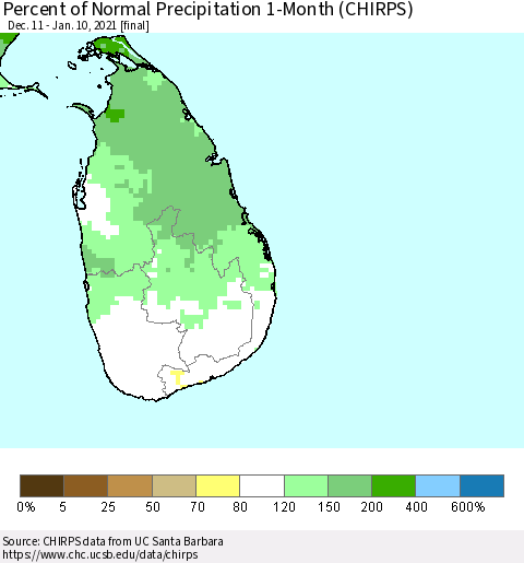 Sri Lanka Percent of Normal Precipitation 1-Month (CHIRPS) Thematic Map For 12/11/2020 - 1/10/2021