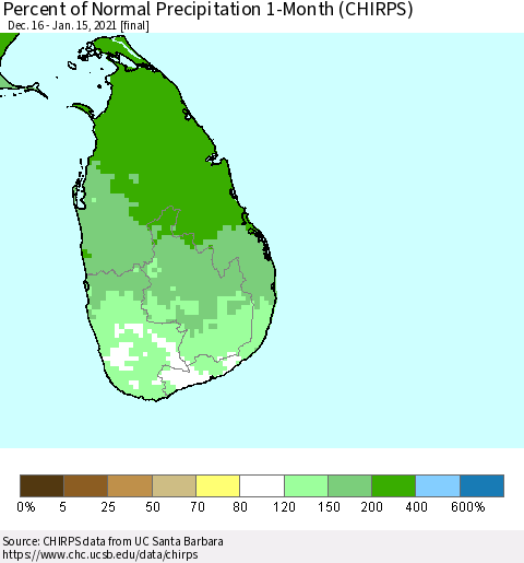 Sri Lanka Percent of Normal Precipitation 1-Month (CHIRPS) Thematic Map For 12/16/2020 - 1/15/2021
