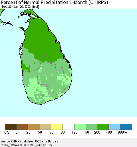 Sri Lanka Percent of Normal Precipitation 1-Month (CHIRPS) Thematic Map For 12/21/2020 - 1/20/2021