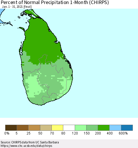 Sri Lanka Percent of Normal Precipitation 1-Month (CHIRPS) Thematic Map For 1/1/2021 - 1/31/2021