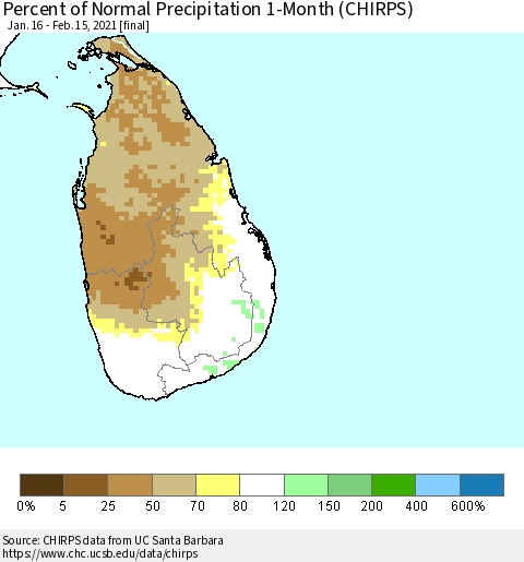Sri Lanka Percent of Normal Precipitation 1-Month (CHIRPS) Thematic Map For 1/16/2021 - 2/15/2021