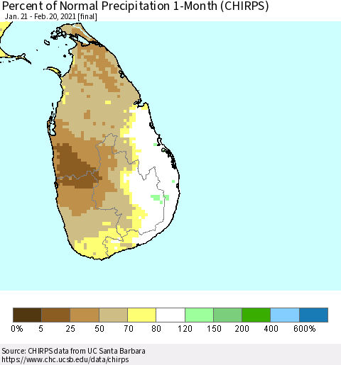 Sri Lanka Percent of Normal Precipitation 1-Month (CHIRPS) Thematic Map For 1/21/2021 - 2/20/2021