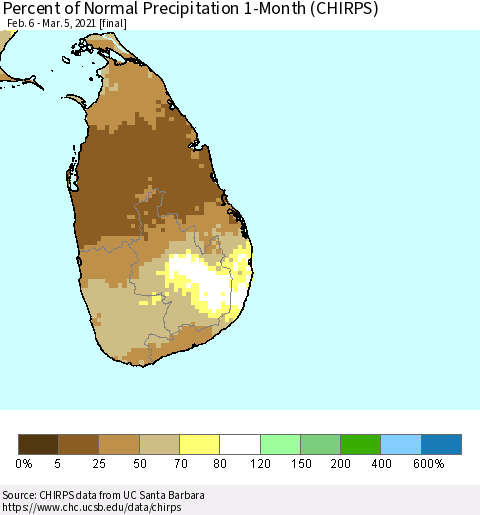 Sri Lanka Percent of Normal Precipitation 1-Month (CHIRPS) Thematic Map For 2/6/2021 - 3/5/2021